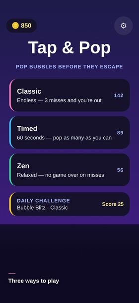 Tap & Pop — mode select with Classic, Timed, and Zen